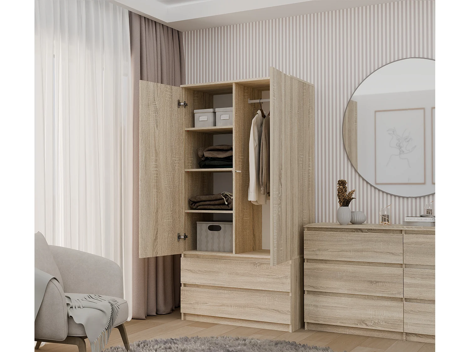 Armadio a 2 ante 90x180 cm con cassetti rovere chiaro AT10