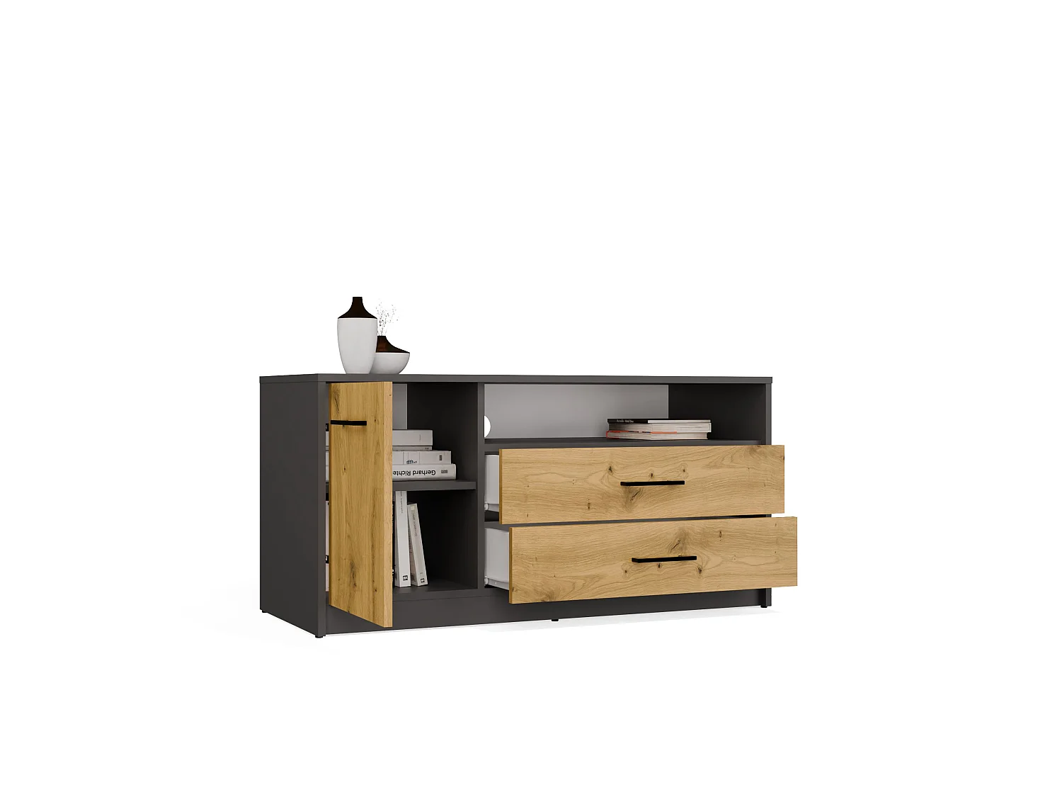 Mobile tv minimal 109x53 cm con anta e cassetti rovere e antracite PTVT6