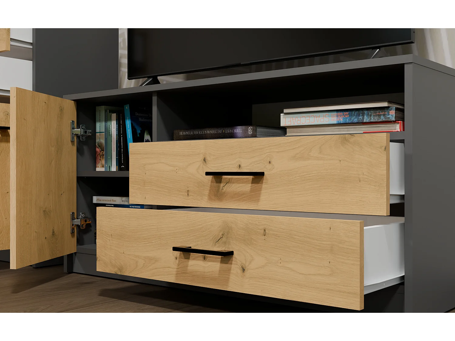 Mobile tv minimal 109x53 cm con anta e cassetti rovere e antracite PTVT6