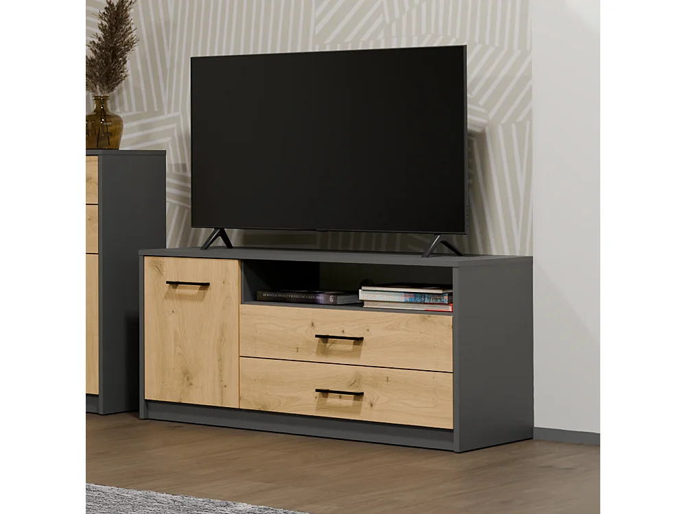 Mobile tv minimal 109x53 cm con anta e cassetti rovere e antracite PTVT6