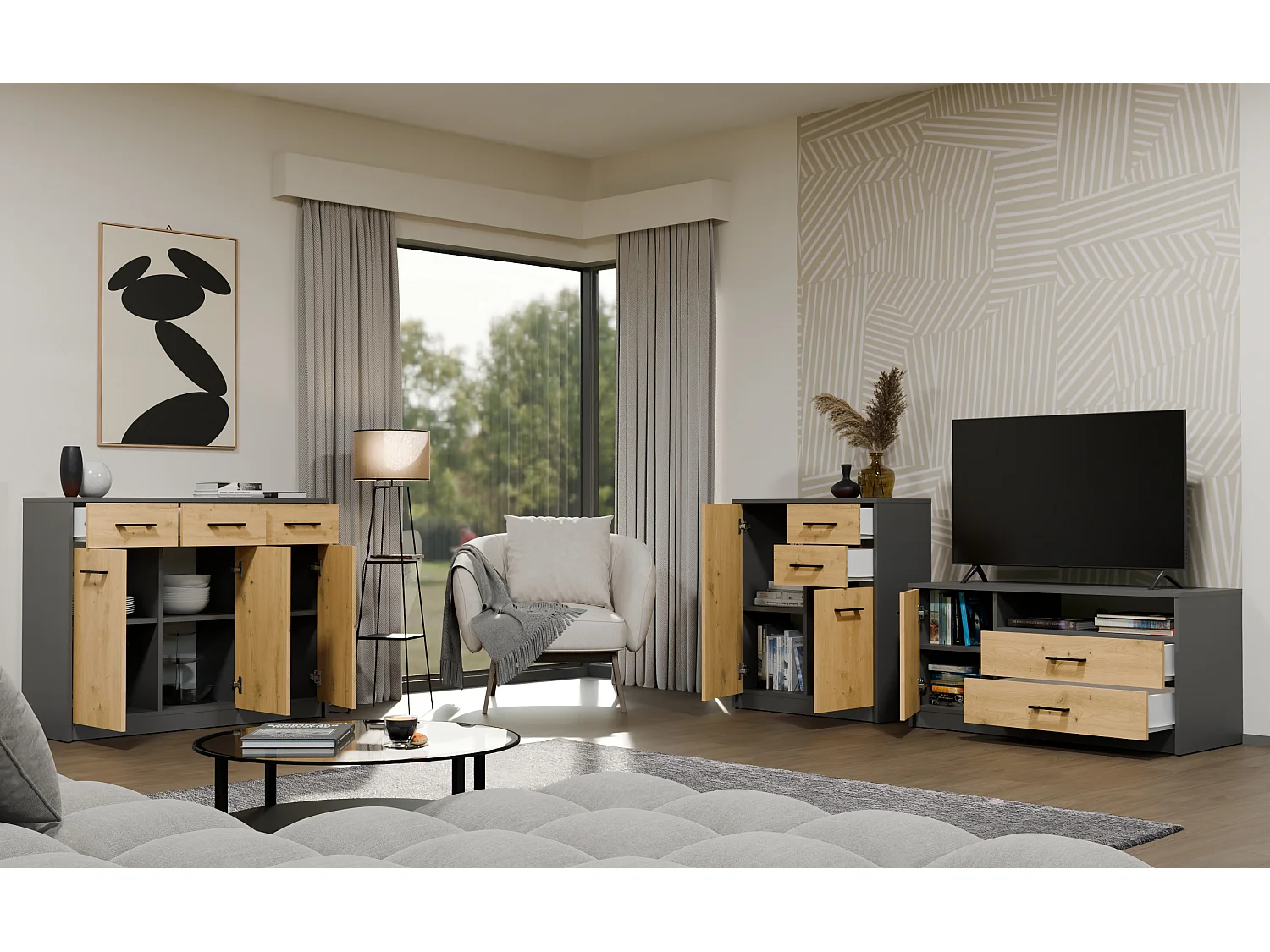 Mobile tv minimal 109x53 cm con anta e cassetti rovere e antracite PTVT6
