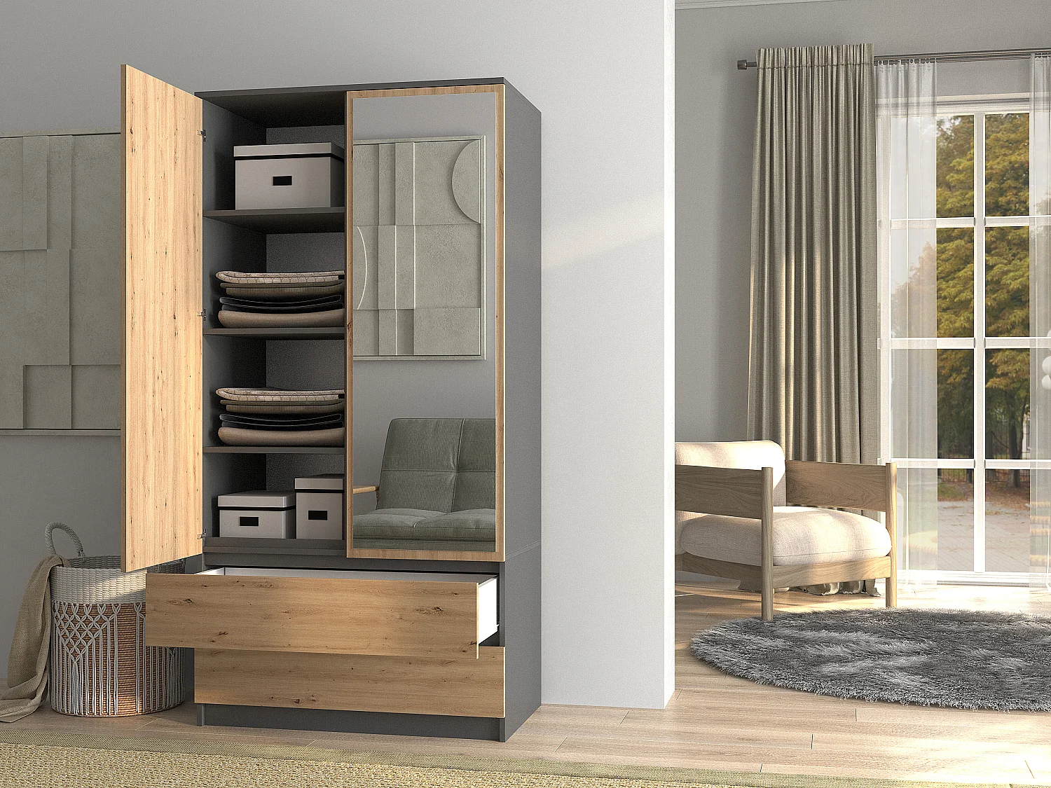 Armadio 90x180 cm con specchio rovere/antracite AT11