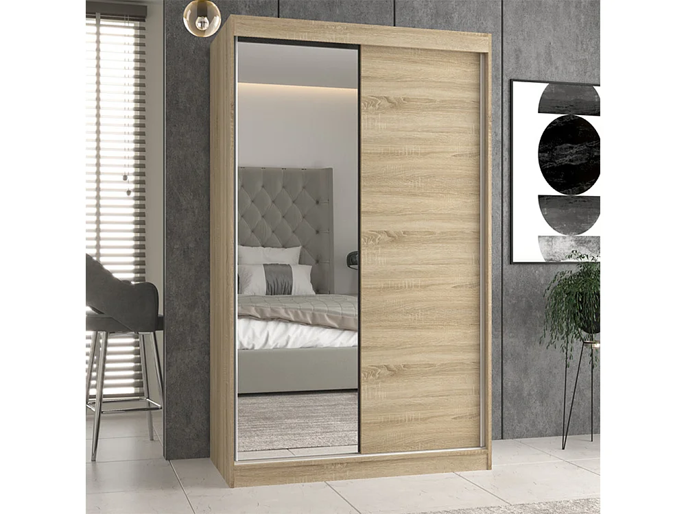 Armadio ante scorrevoli 120x200 cm con specchio rovere chiaro AT3