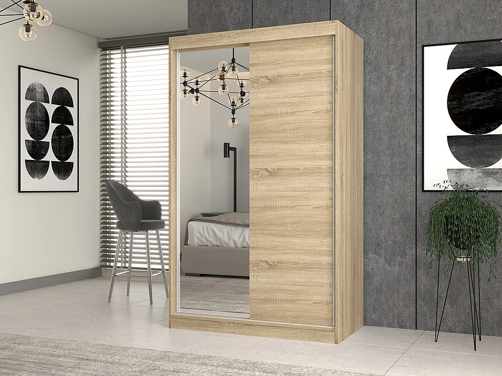 Armadio ante scorrevoli 120x200 cm con specchio rovere chiaro AT3