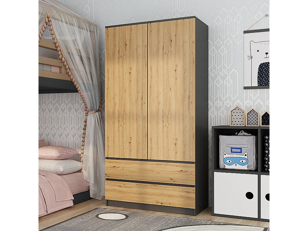 Armadio a 2 ante 90x180 cm con cassetti rovere/antracite AT10