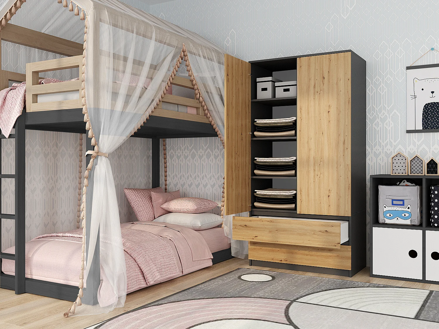 Armadio a 2 ante 90x180 cm con cassetti rovere/antracite AT10