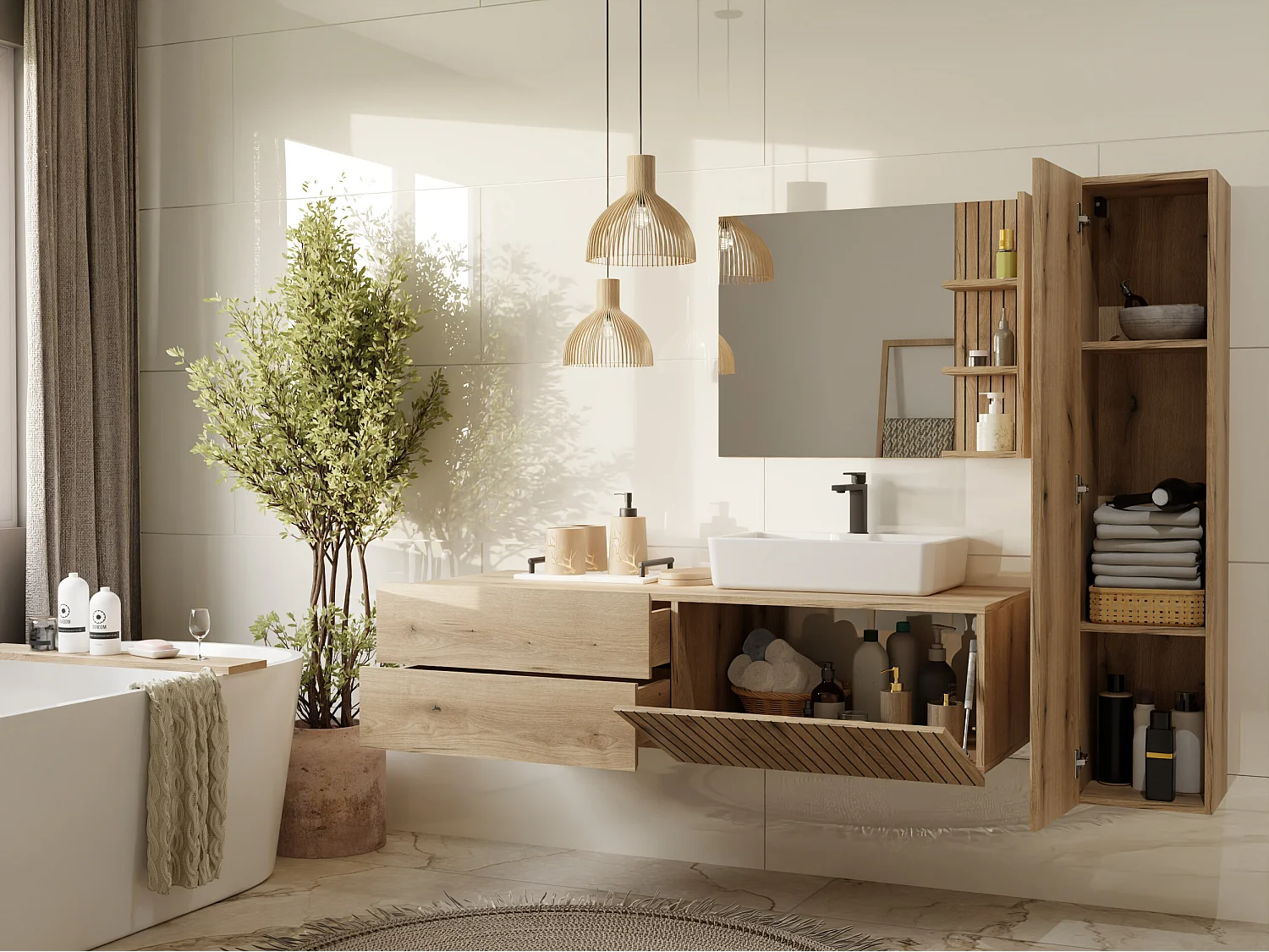 Mobile bagno sospeso 140 cm con anta a ribalta rovere antico MLBT3