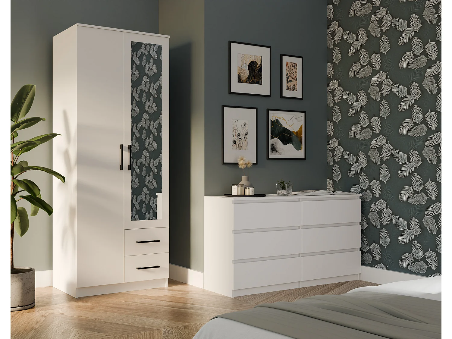 Armadio 2 ante 80x205 cm con specchio e cassetti bianco AT16