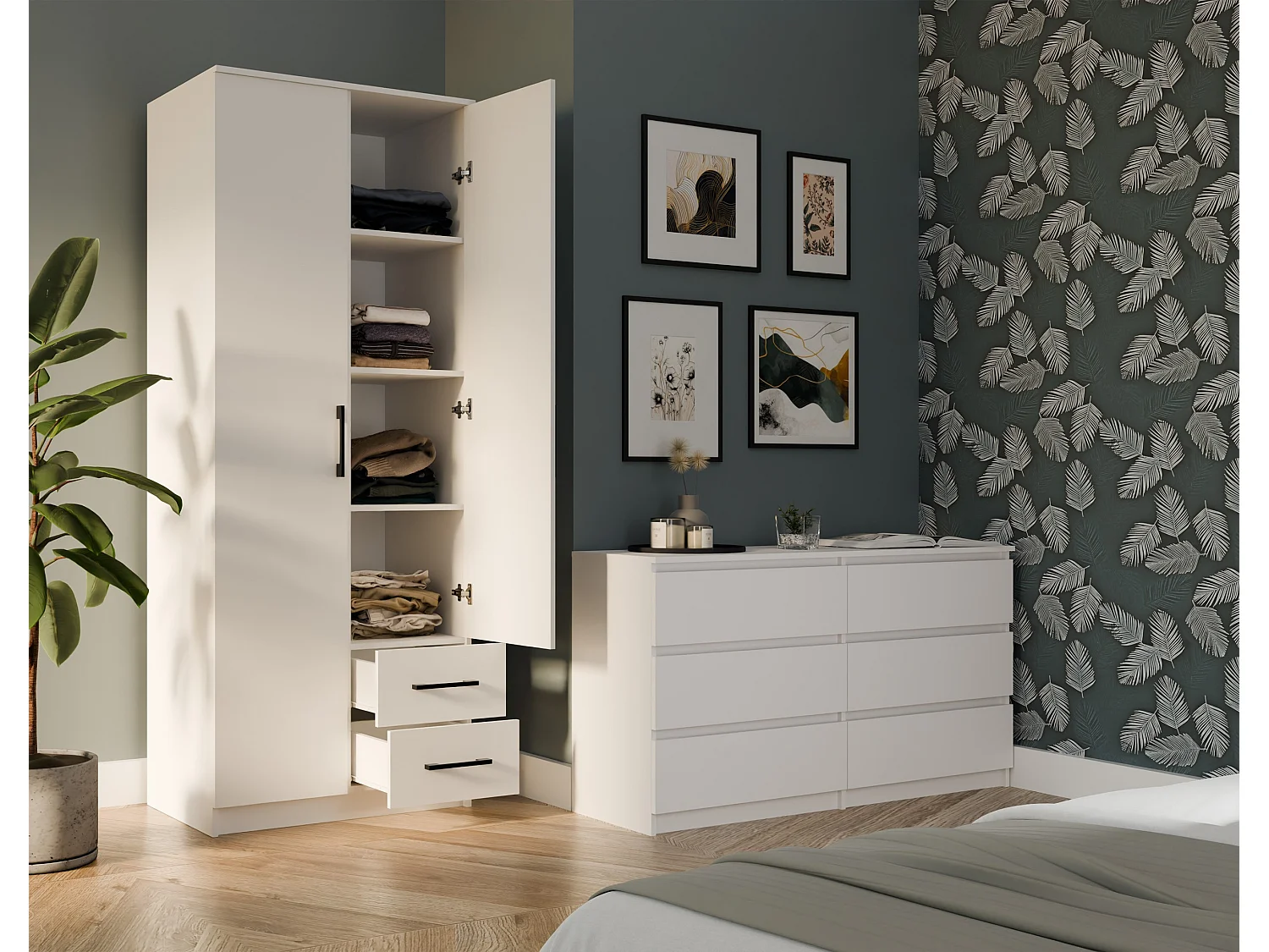 Armadio 2 ante 80x205 cm con specchio e cassetti bianco AT16