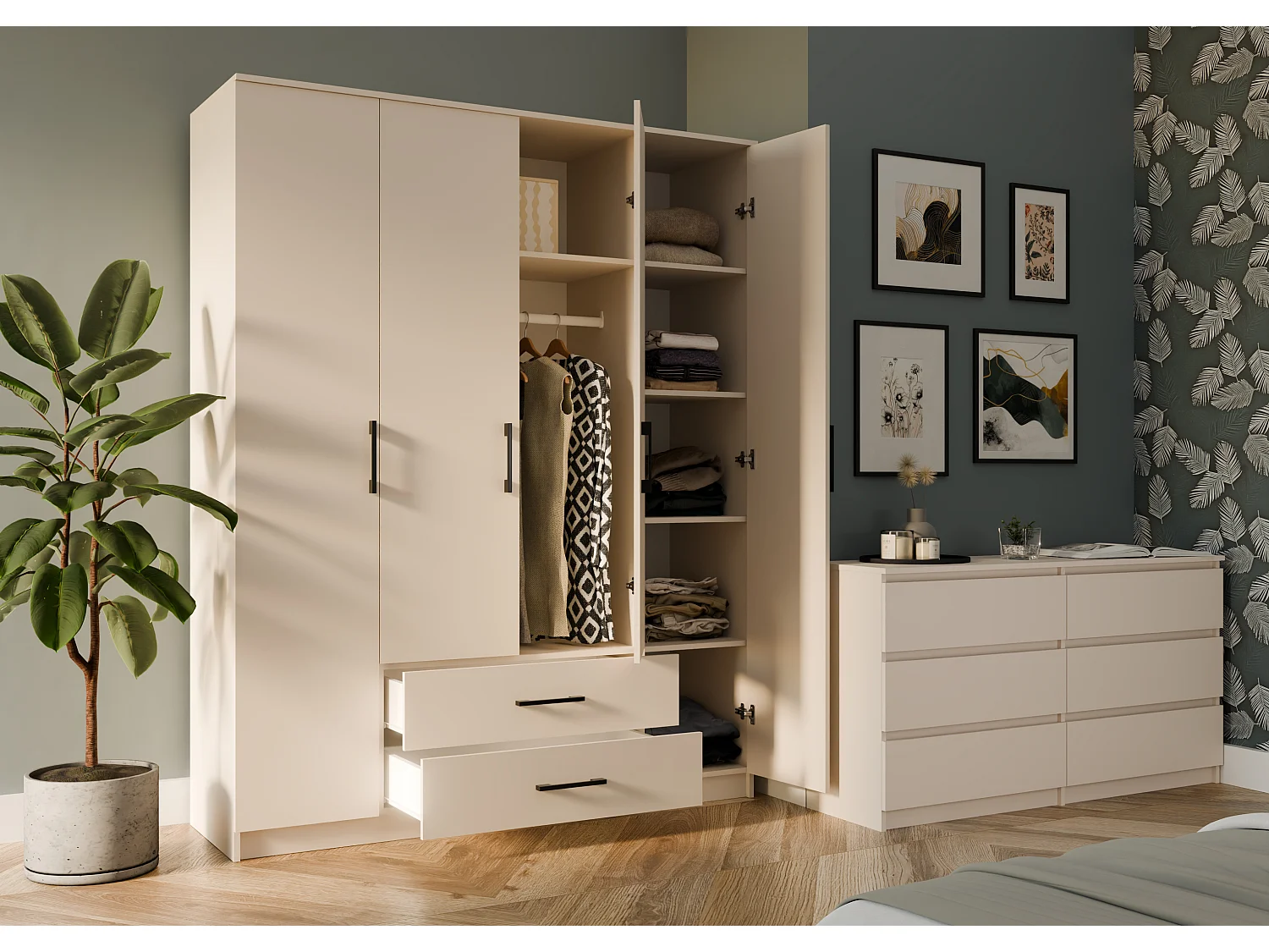 Armadio 4 ante 160x205 cm cassetti beige AT14