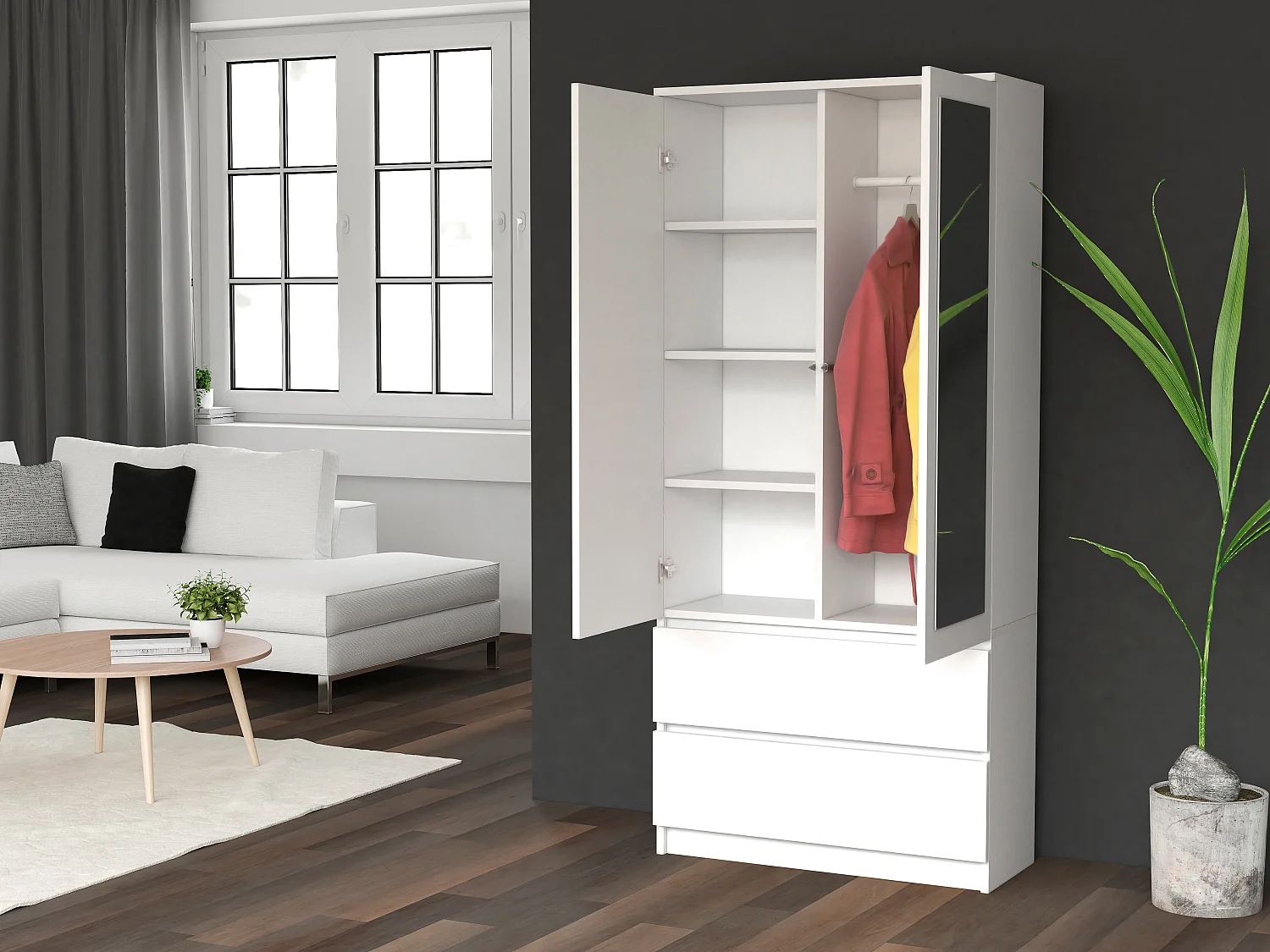 Armadio 90x180 cm con specchio bianco AT11