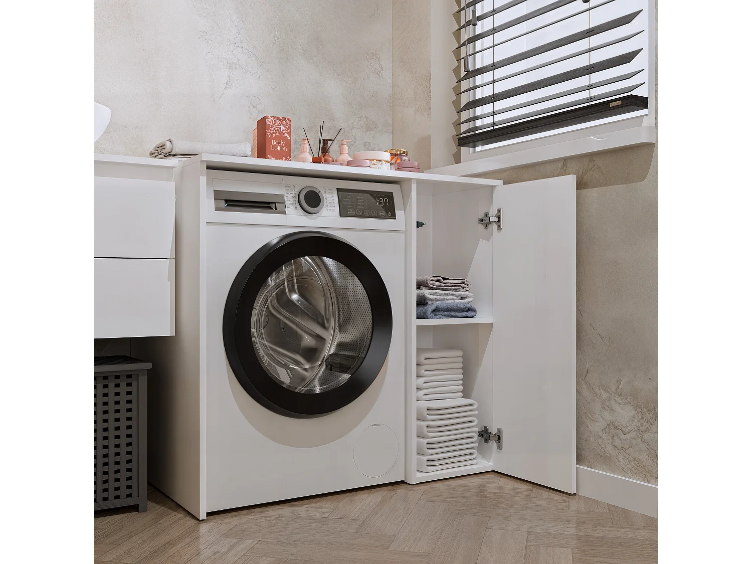Mobiletto per lavatrice moderno 64x88,5 cm bianco opaco MLT7