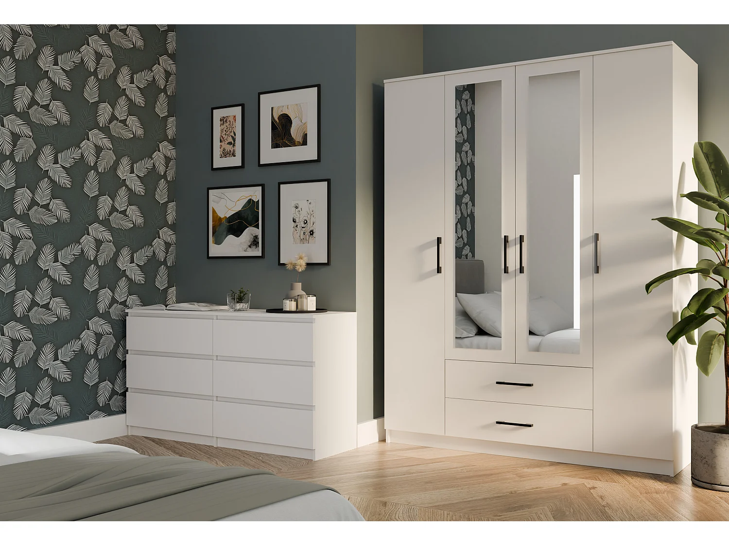 Armadio 4 ante 160x205 cm con specchio bianco AT15