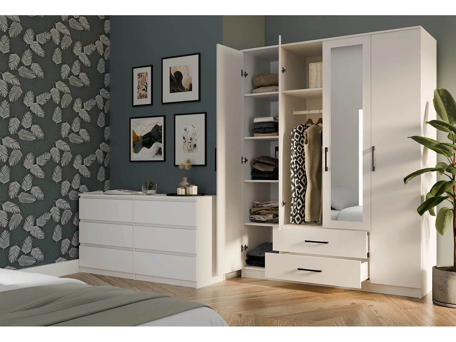 Armadio 4 ante 160x205 cm con specchio bianco AT15