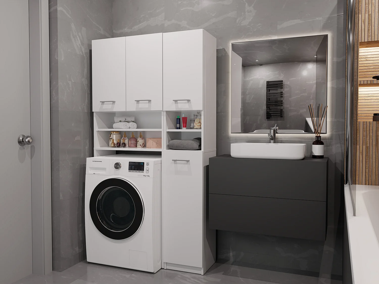 Mobile lavatrice moderno 96x180 cm con colonna laterale bianco opaco MLT9