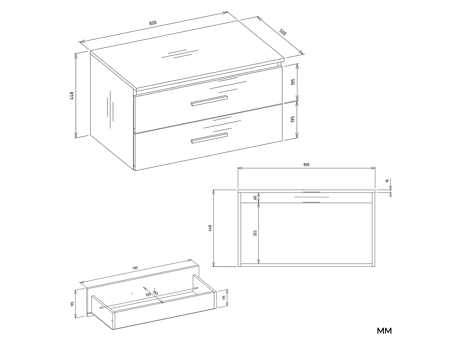 Mobile bagno sospeso 80 cm con 2 cassetti bianco opaco MLBT2