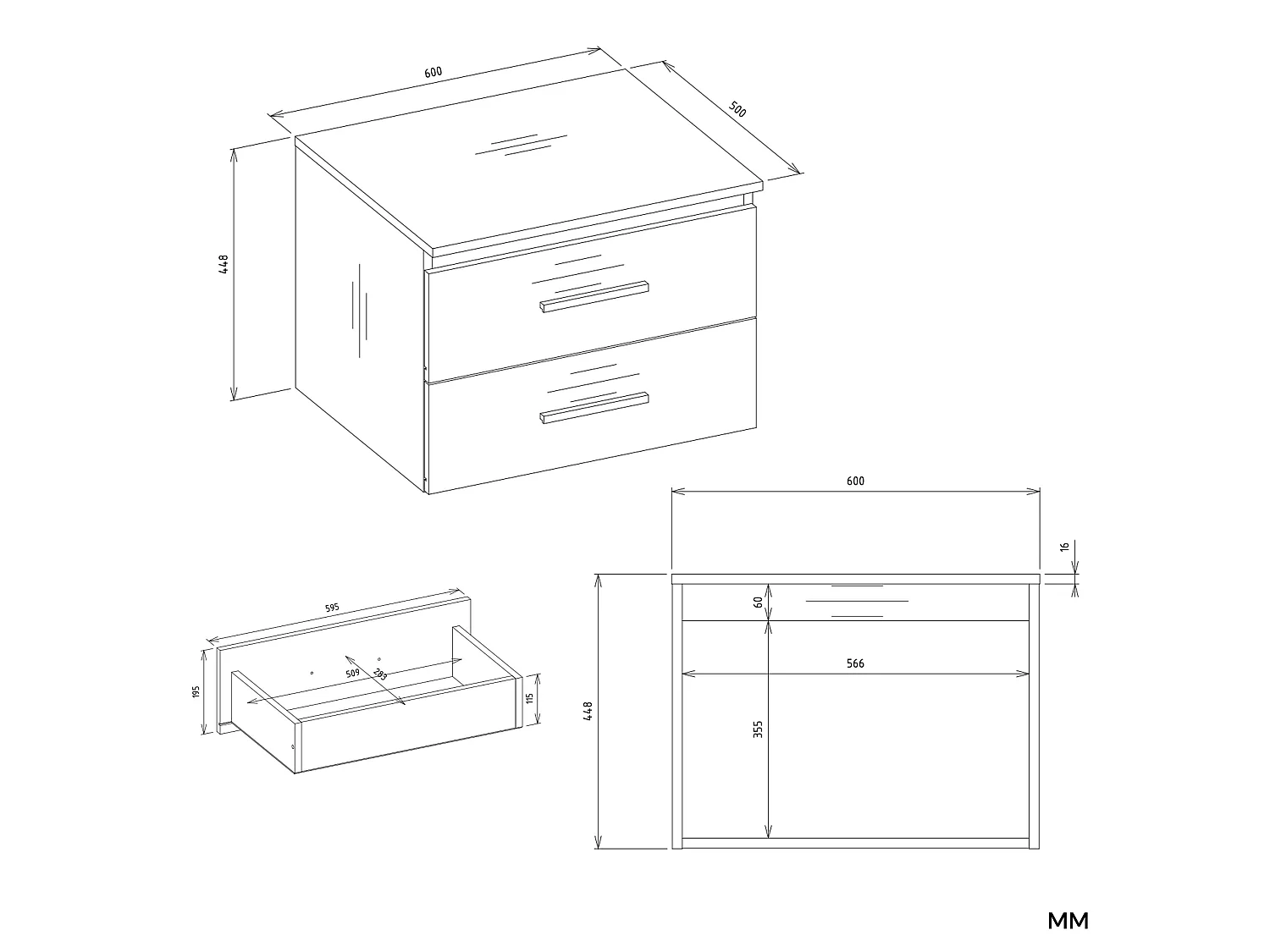 Mobile bagno sospeso 60 cm con 2 cassetti bianco opaco MLBT1