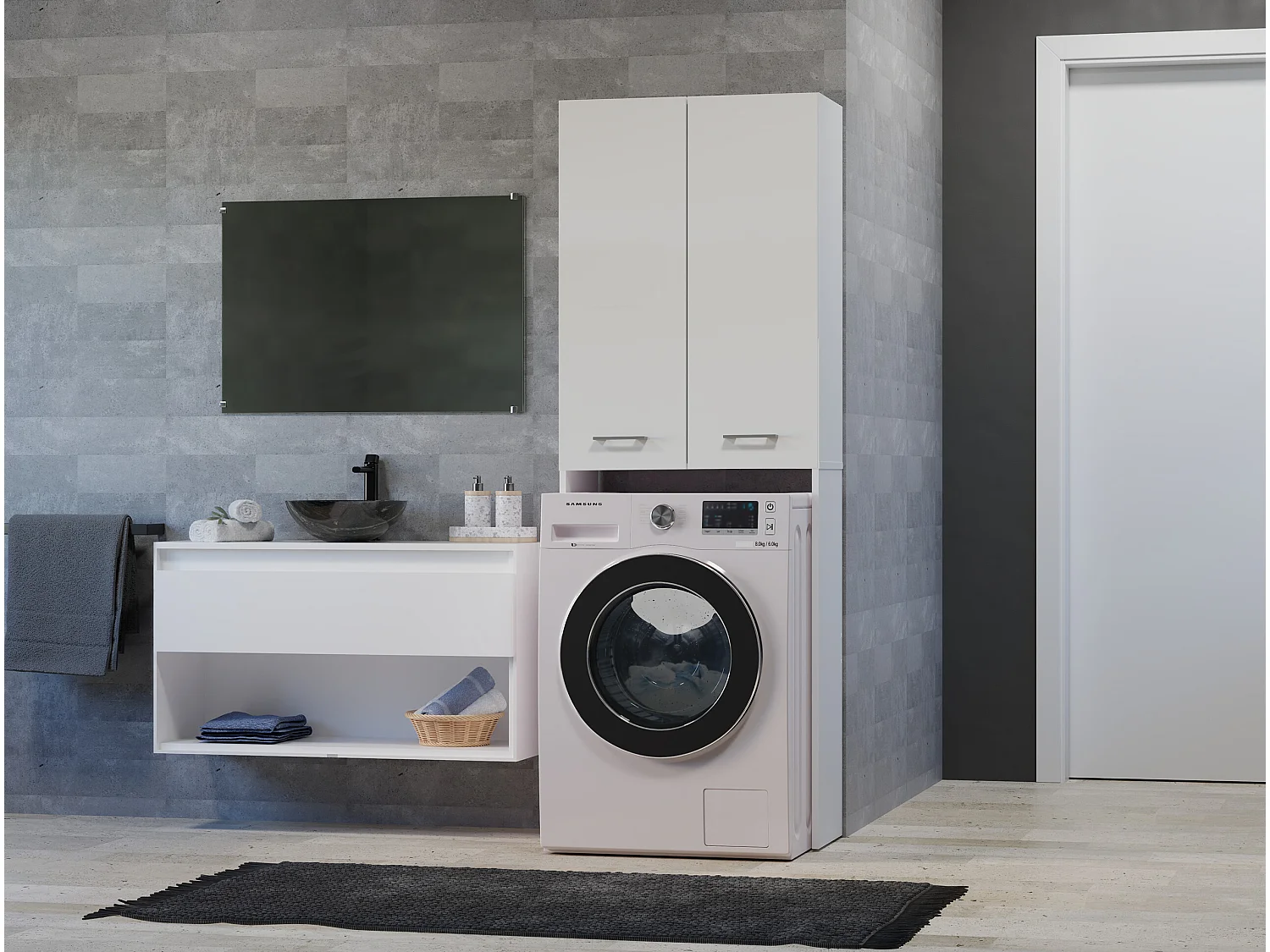 Mobile lavatrice moderno 64x180 cm con 3 ripiani bianco MLT8