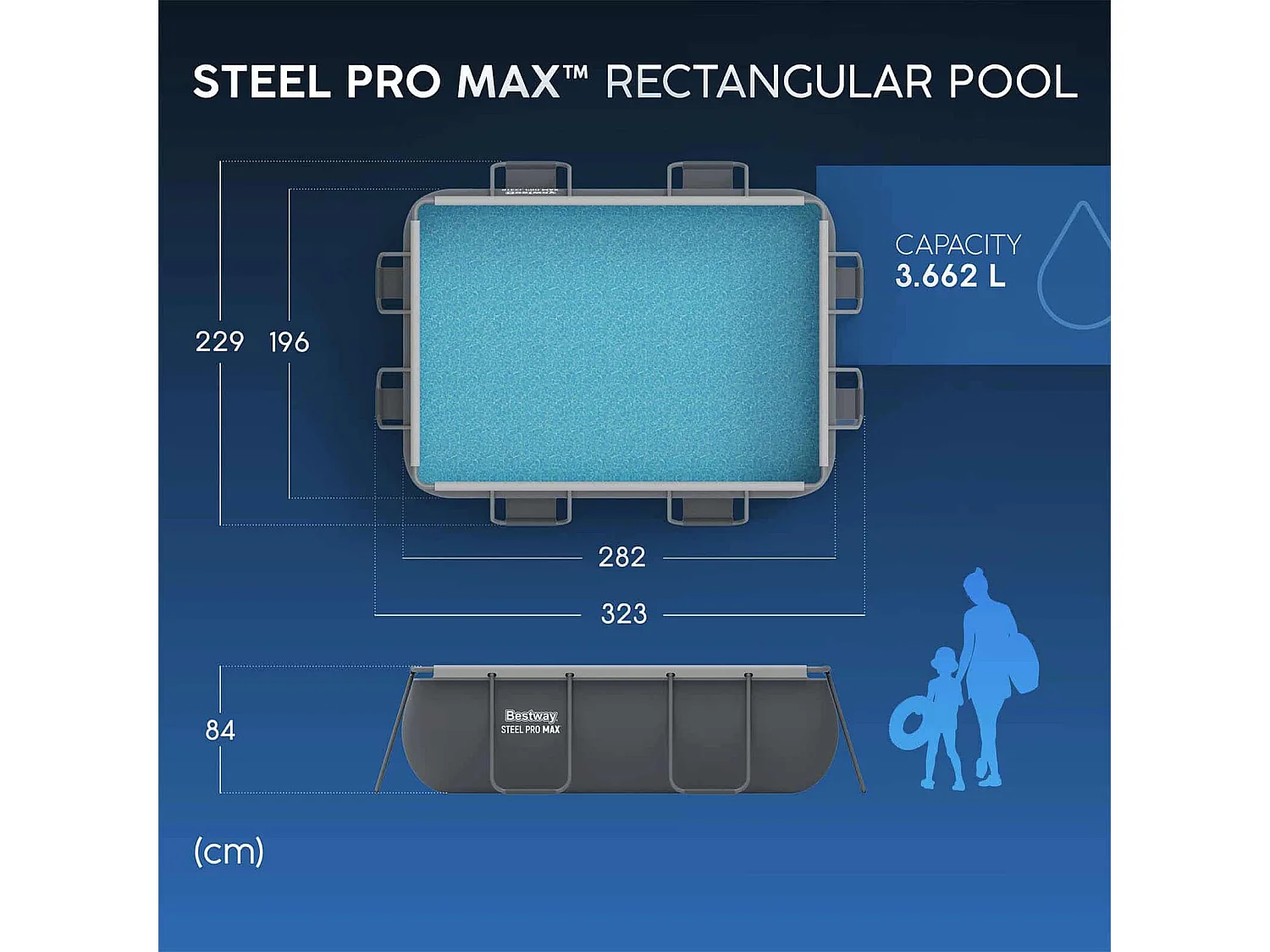 Piscine tubulaire Bestway Steel Pro MAX rectangulaire 282 x 196 x 84 cm en gris