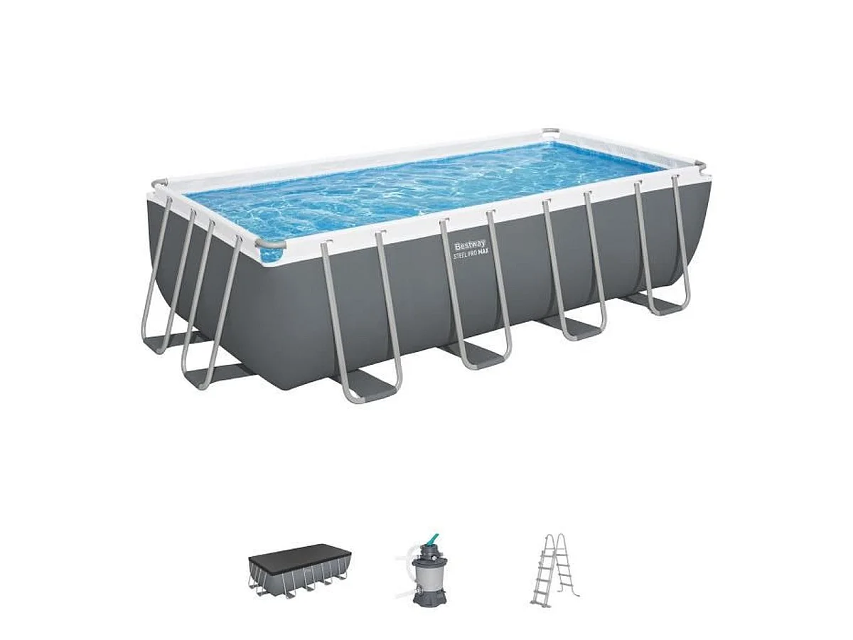 Bestway Steel Pro Max Rechteckiger Tubular Pool 488x244x122 cm mit Sandfilterpumpe, Leiter und Abdeckung
