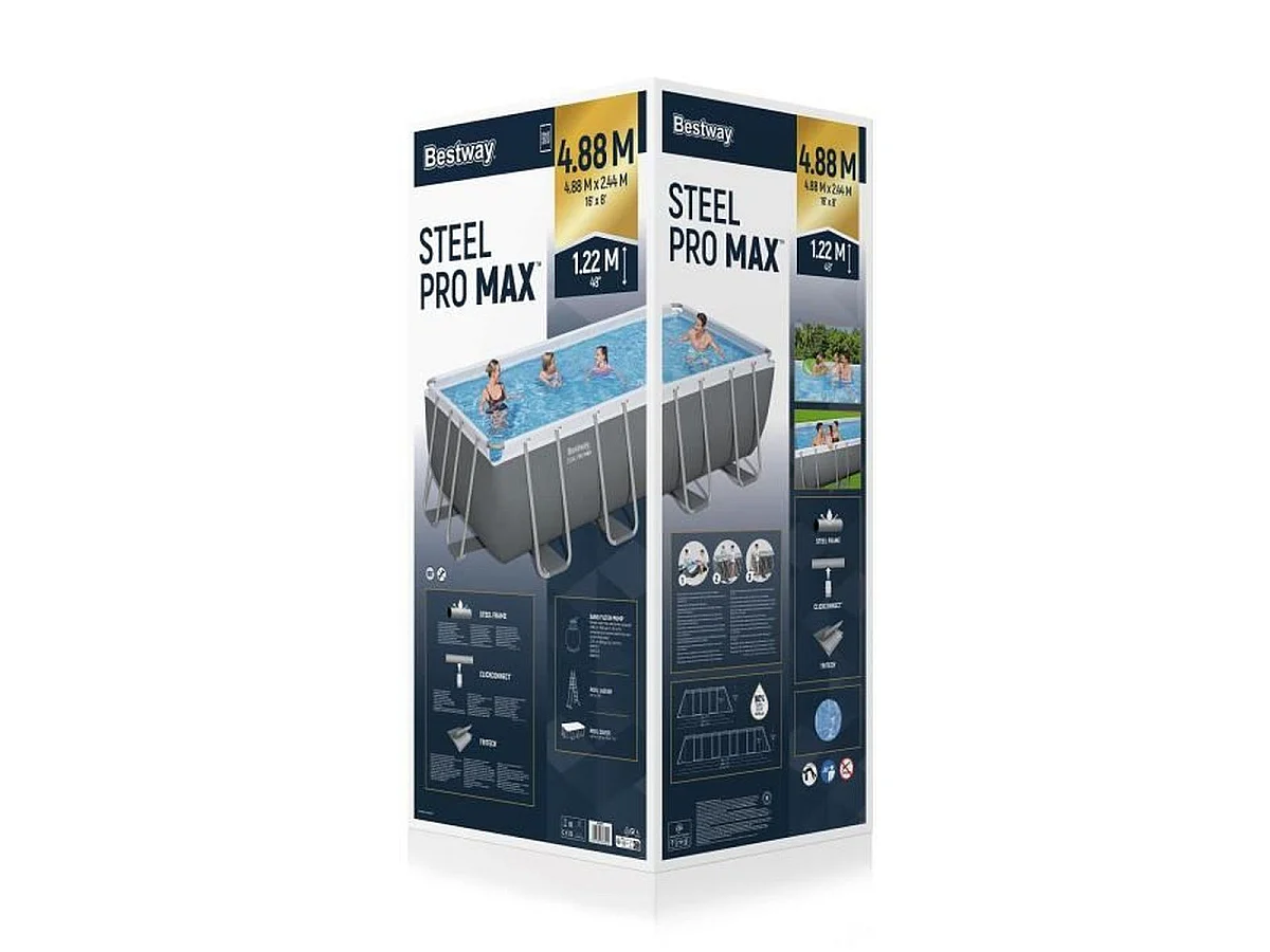 Bestway Steel Pro Max Rechteckiger Tubular Pool 488x244x122 cm mit Sandfilterpumpe, Leiter und Abdeckung