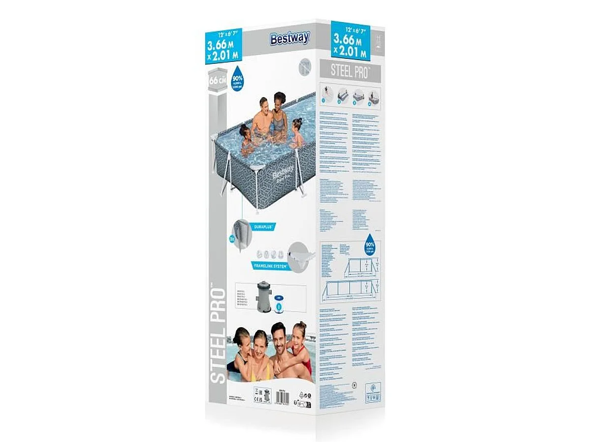 BESTWAY Steel Pro™ Piscine hors sol tubulaire rectangulaire 366 x 201 x 66 cm avec filtre cartouche