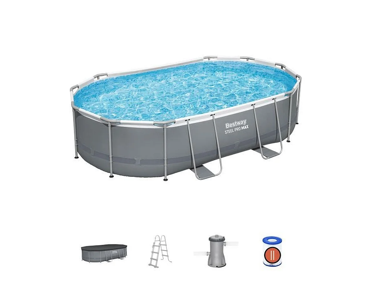 BESTWAY Steel Pro Max Piscine Tubulaire Ovale 488 x 305 x 107 cm avec Filtration à Cartouche et Échelle