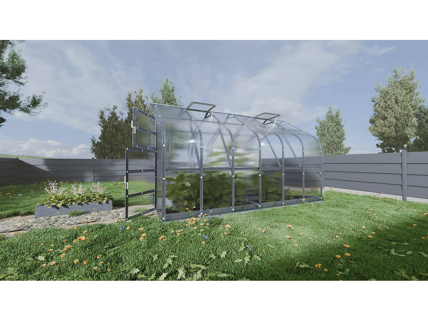 KLASIKA Standard PREMIUM 10m2 Gewächshaus aus Polycarbonat mit Automatischen Dachöffnungen und Bewässerungssystem