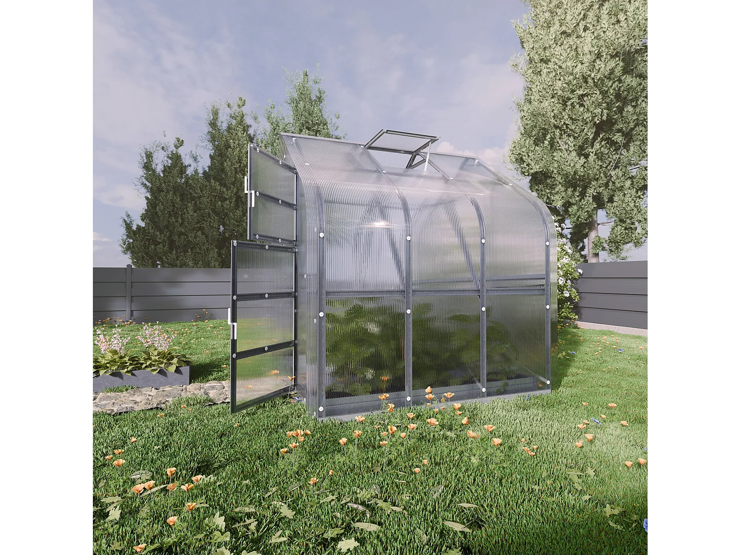 Invernadero de jardín KLASIKA Standart 5m2, 2,5m x 2m, 6 mm con revestimiento de policarbonato (Con 1 techo de apertura automática)