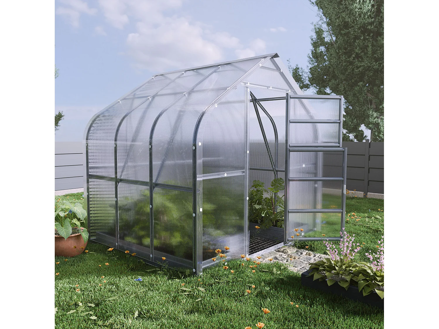 Invernadero de jardín KLASIKA Standart 5m2, 2,5m x 2m, 6 mm con revestimiento de policarbonato (Con 1 techo de apertura automática)