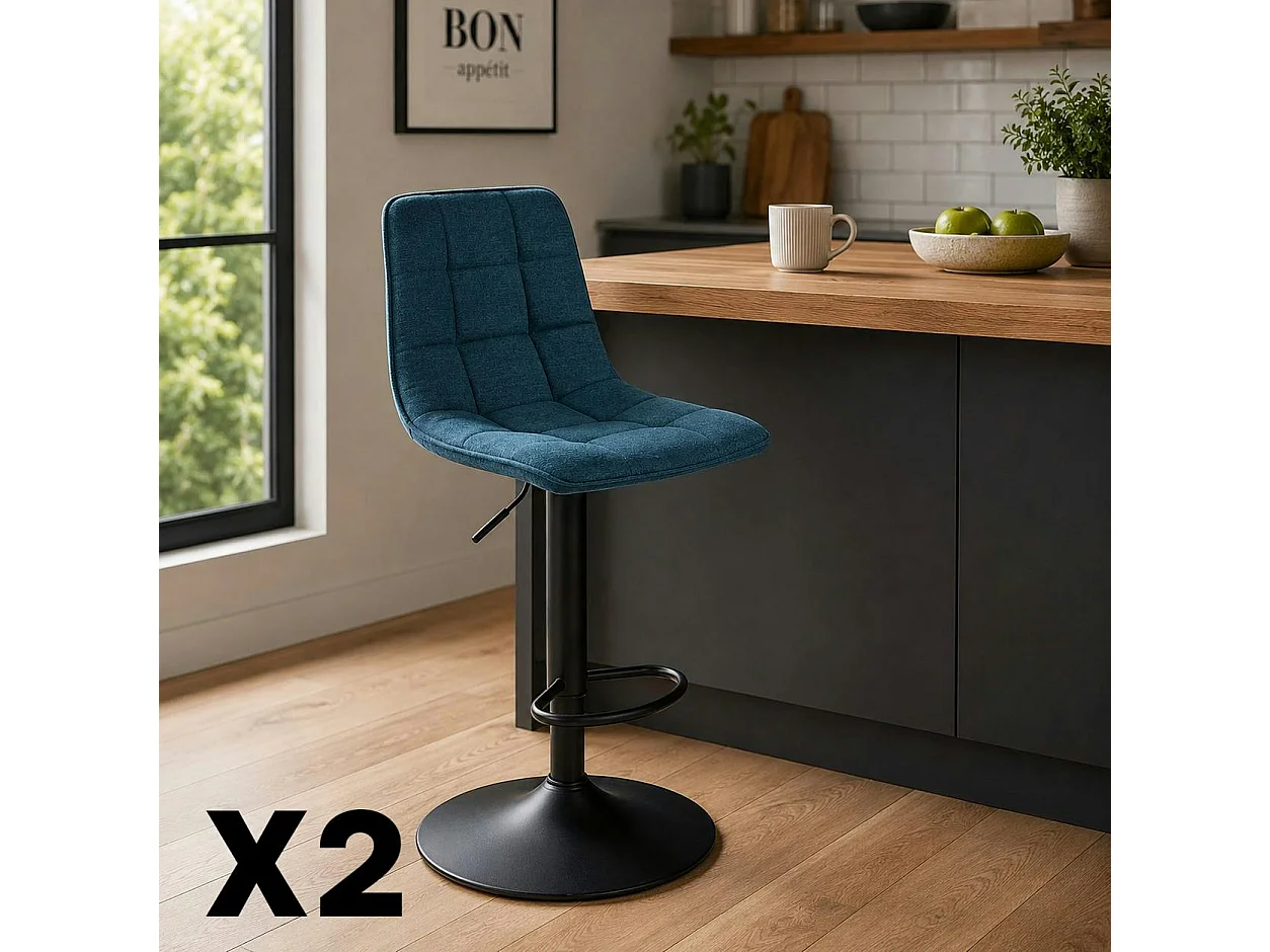 Tabouret de bar réglable tissu bleu damier (lot de 2) LORA
