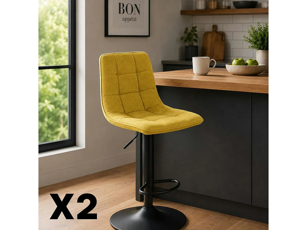 Tabouret de bar réglable tissu jaune damier (lot de 2) LORA