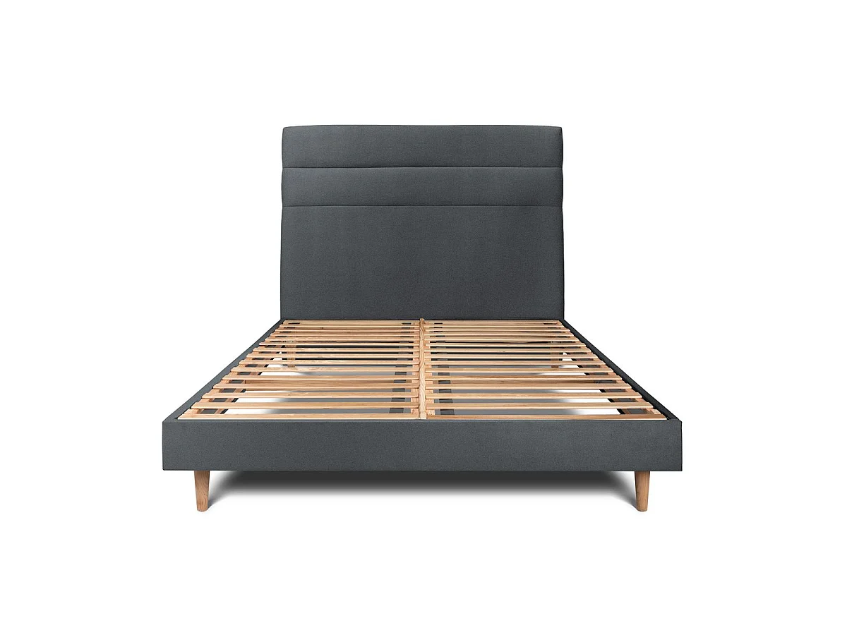 Lit 140x200cm avec tête de lit lignes velours et sommier kit gris anthracite - Hauteur totale : 29cm
