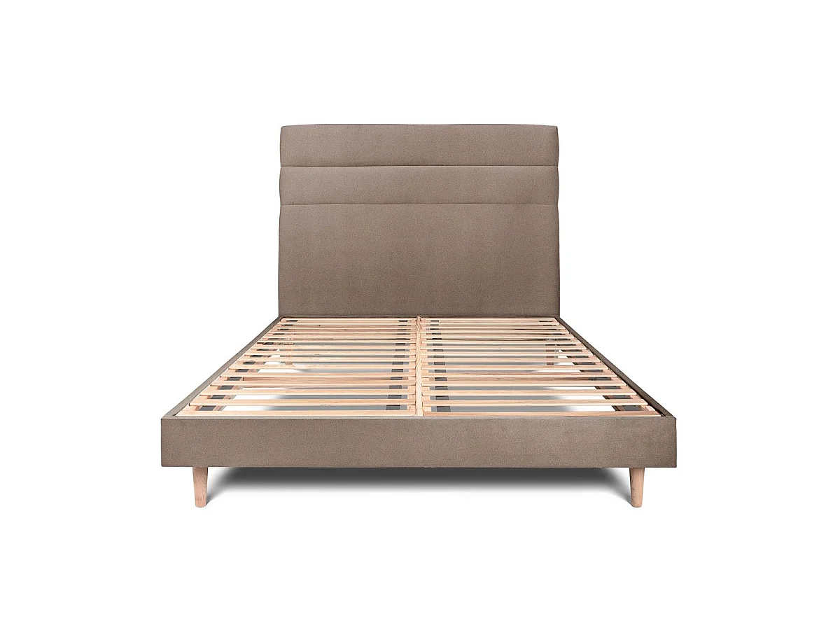 Lit 140x200cm avec tête de lit lignes velours et sommier kit taupe - Hauteur totale : 29cm
