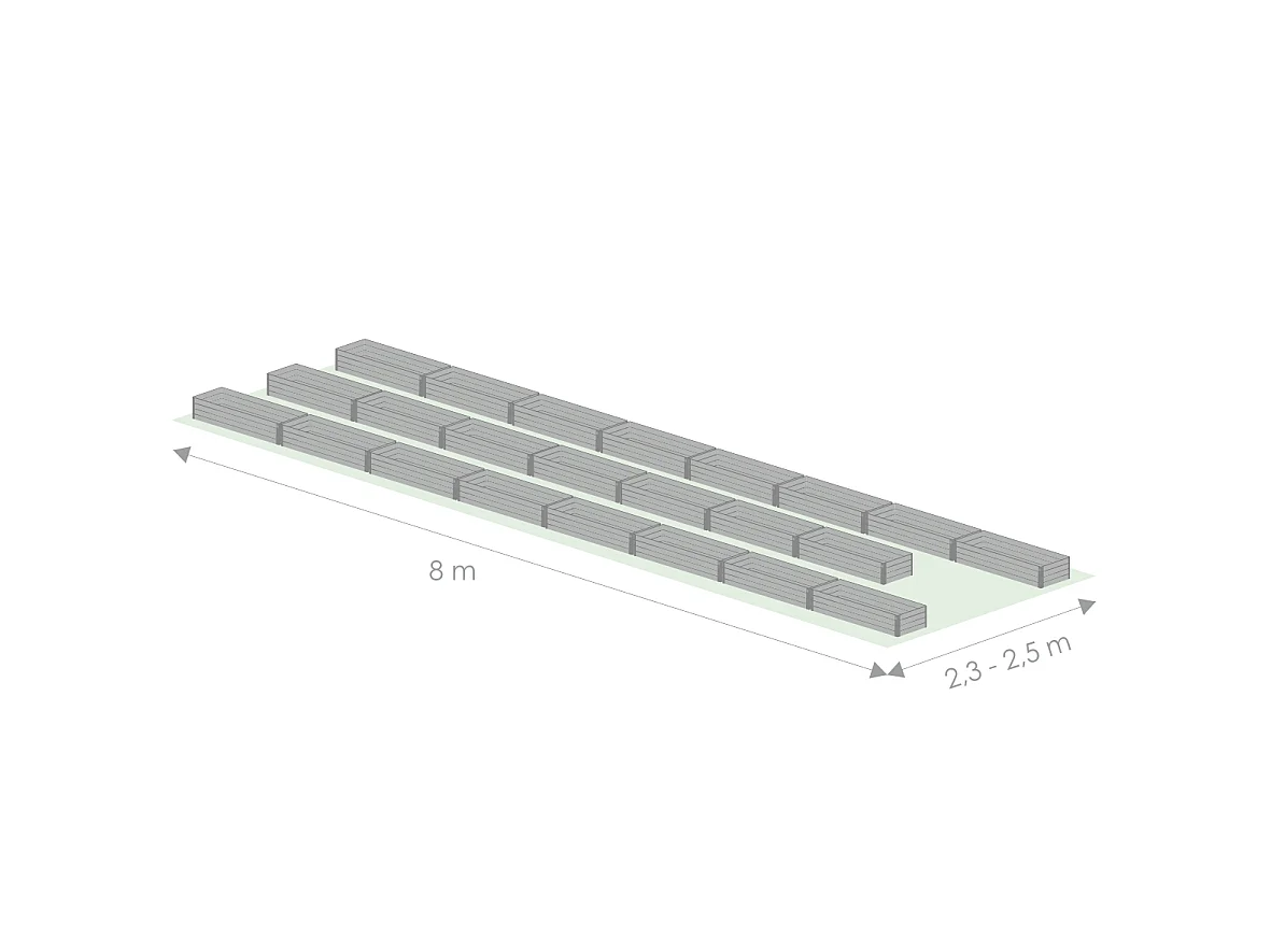 Kit di fioriere rialzate per una serra 2,5x8 m, acciaio zincato, Klasika Greenhouses