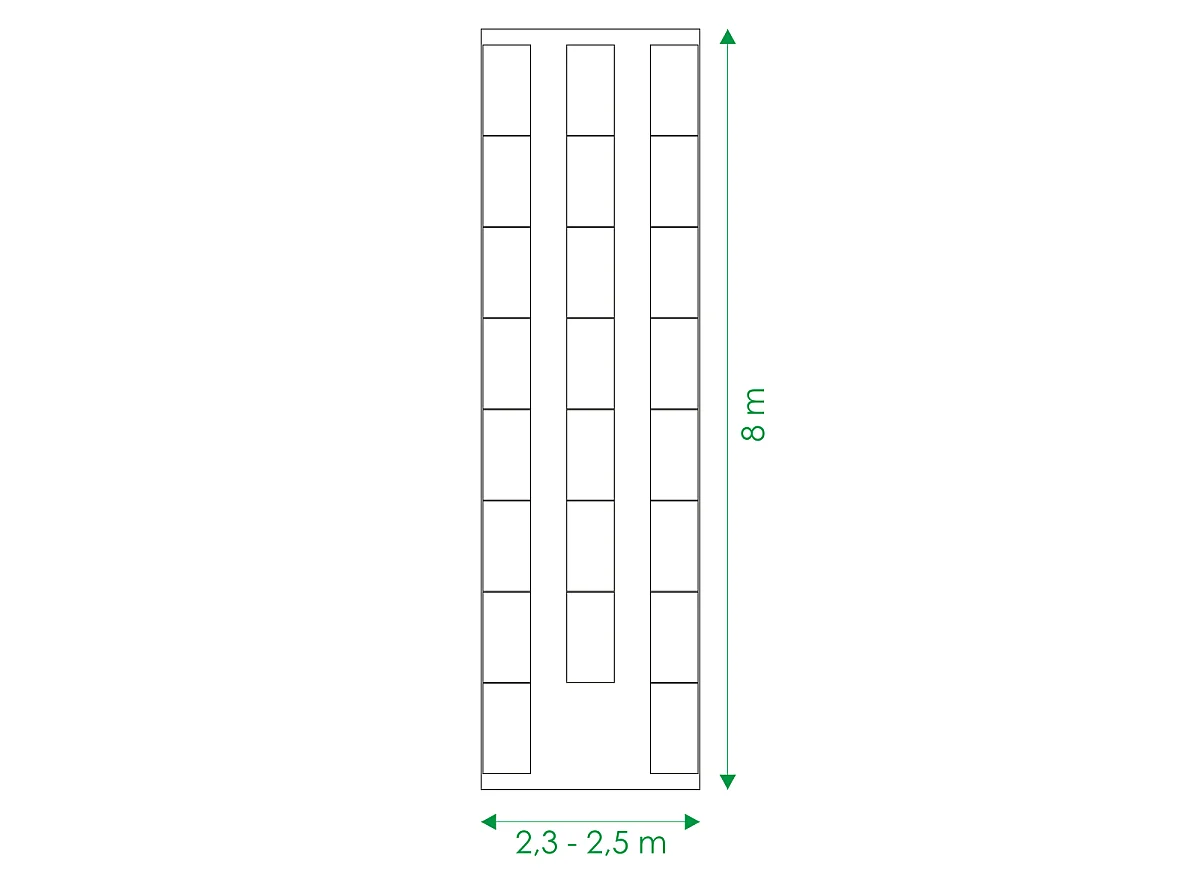 Kit di fioriere rialzate per una serra 2,5x8 m, acciaio zincato, Klasika Greenhouses