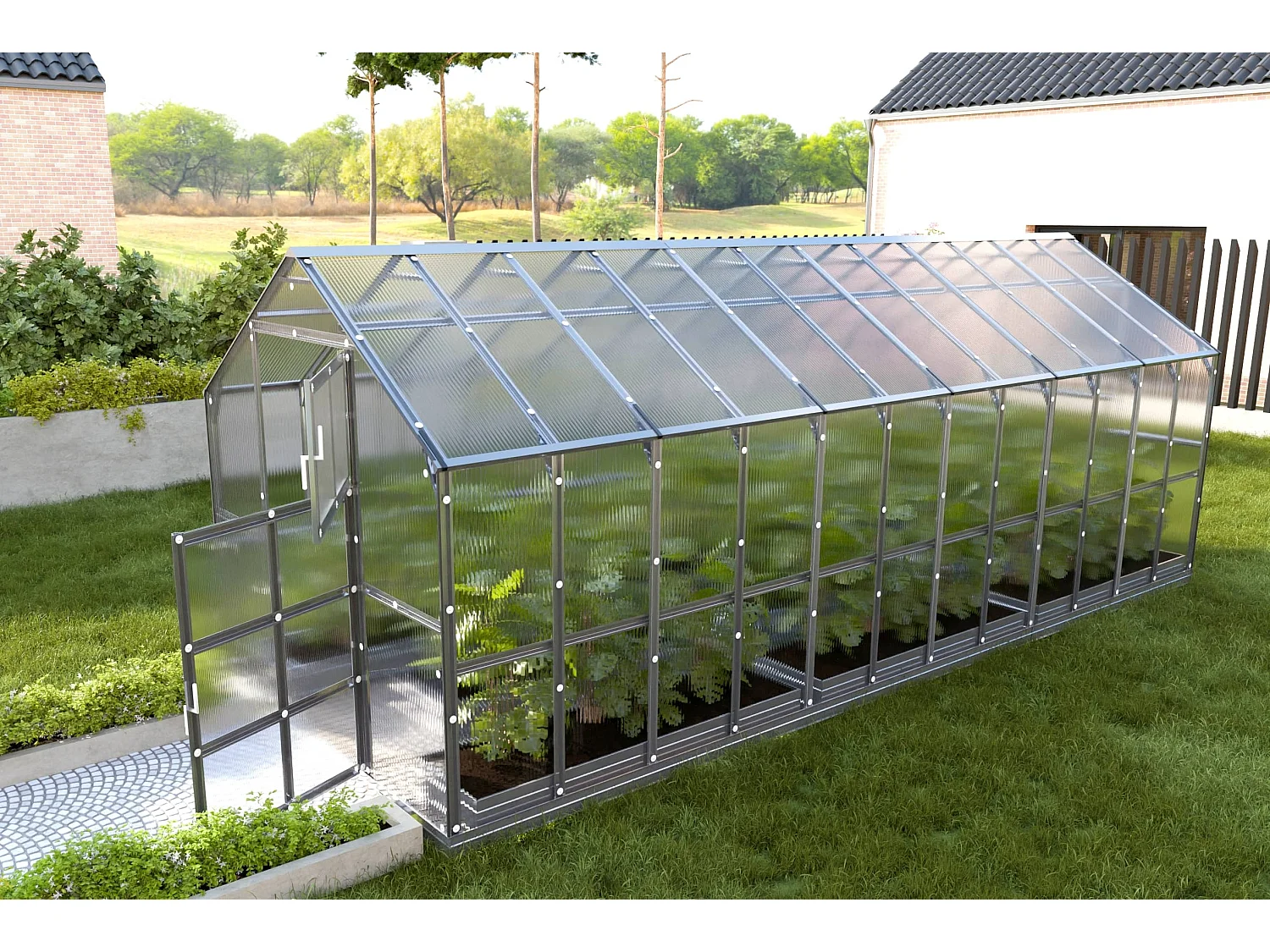 KLASIKA HOUSE Garten Gewächshaus 2,35 x 6,12m, 6mm Polycarbonat-Beschichtung, Stahlrahmen, Silberfarbe