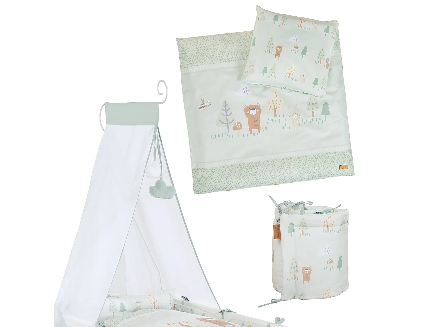 Ensemble berceau pour bébé Roba Woodland Buddies avec berceau, matelas, literie et baldaquin