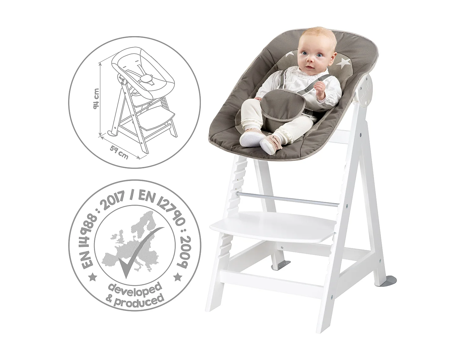 BABYHOCHSTUHL Born Up mit Neugeborenenaufsatz Little Stars Weiß