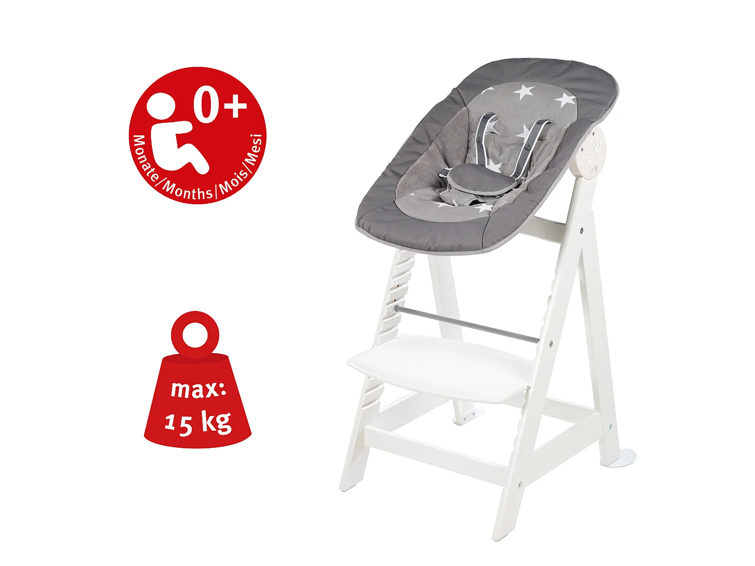BABYHOCHSTUHL Born Up mit Neugeborenenaufsatz Little Stars Weiß
