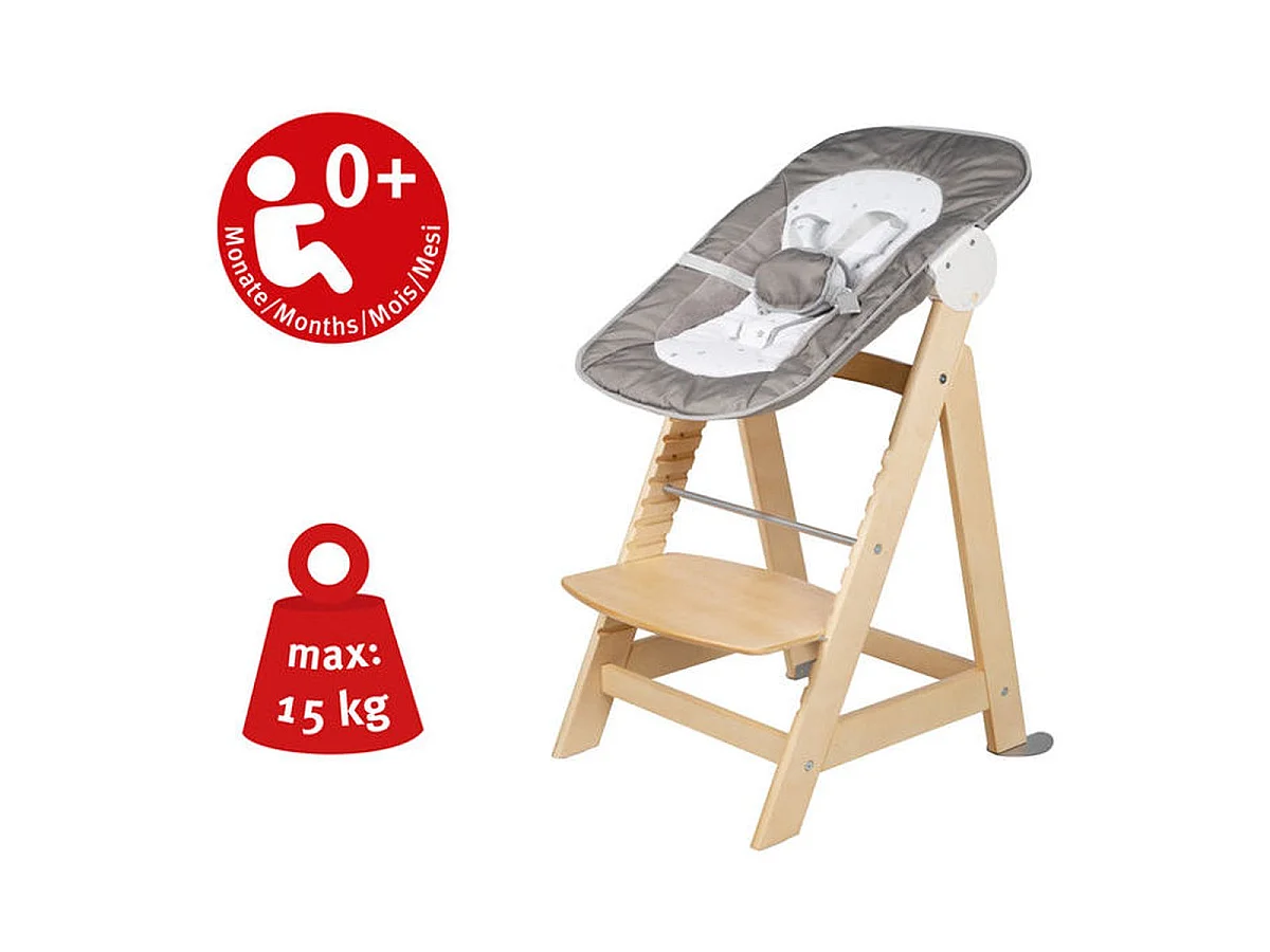 Roba Born Up chaise haute évolutive 2 en 1 avec transat nouveau-né, bois naturel