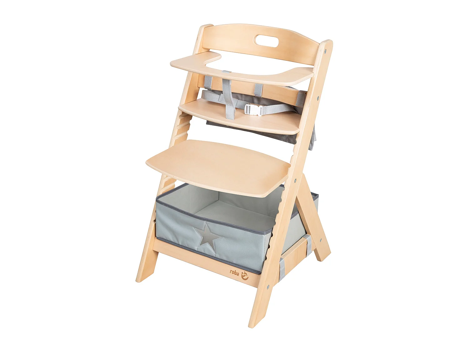 Silla alta para bebé roba Liv Up con altura ajustable, madera certificada FSC y set organizador