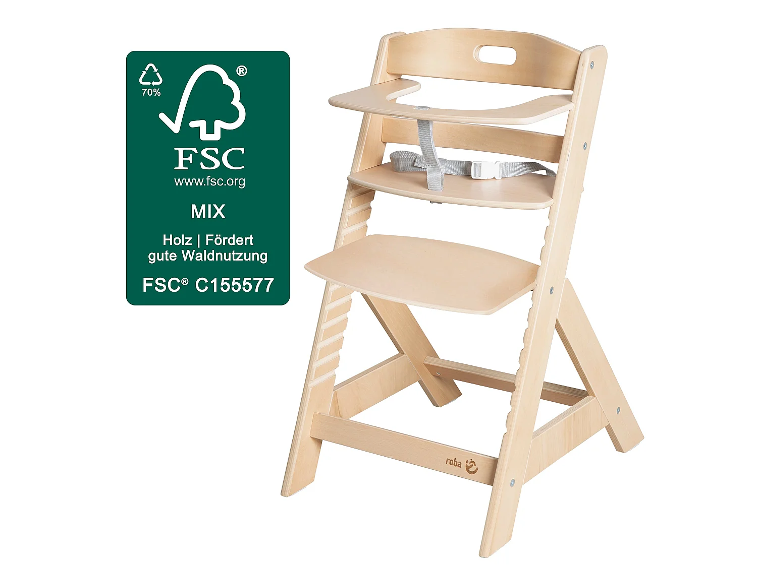Silla alta para bebé roba Liv Up con altura ajustable, madera certificada FSC y set organizador