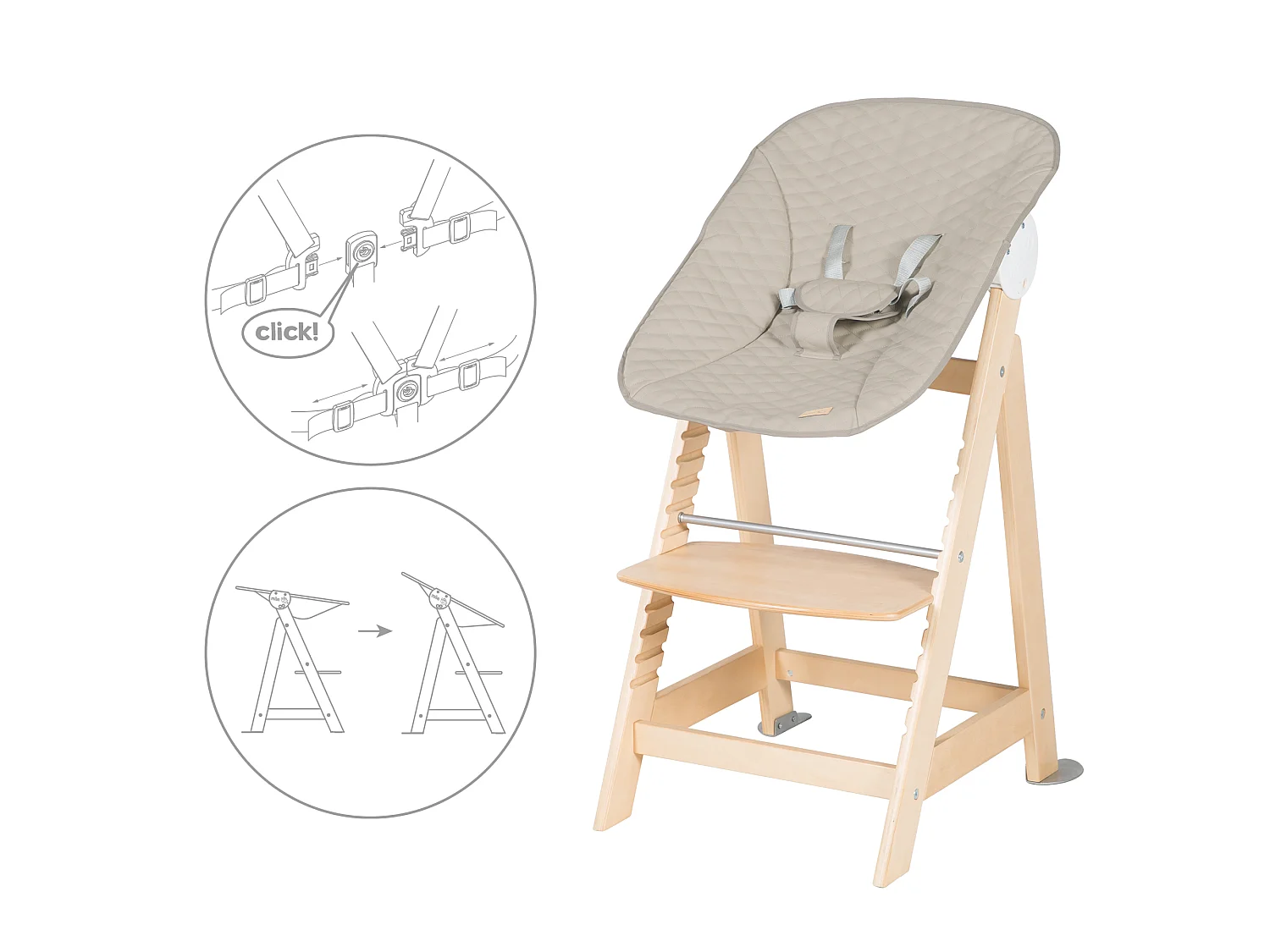 Chaise haute 2en1 Roba Born Up avec insert grisâtre - Similicuir végétalien, réglable, inclinaison 3 positions