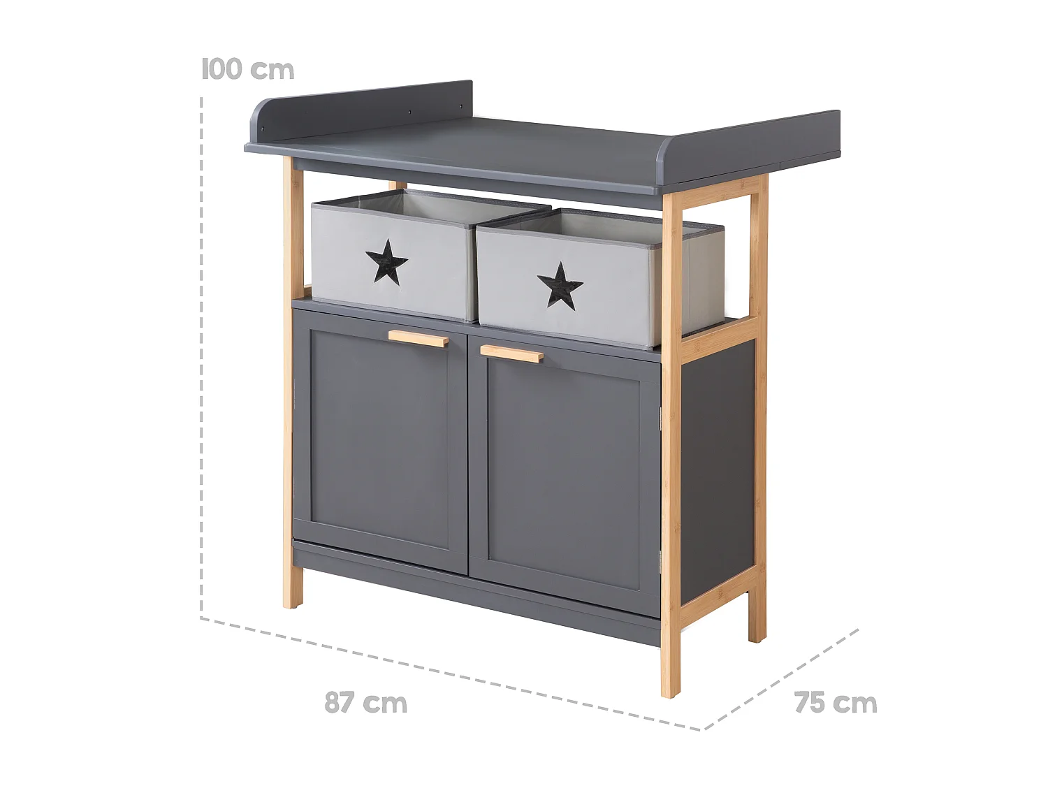 Cómoda cambiador Roba Berlín 2 puertas Antracita Madera maciza Manijas de bambú