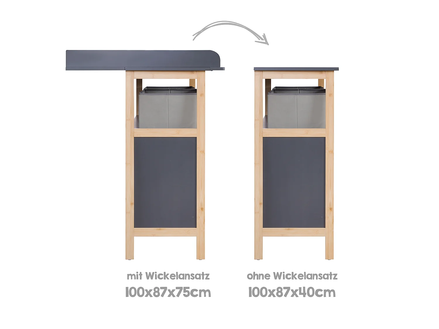 Cómoda cambiador Roba Berlín 2 puertas Antracita Madera maciza Manijas de bambú