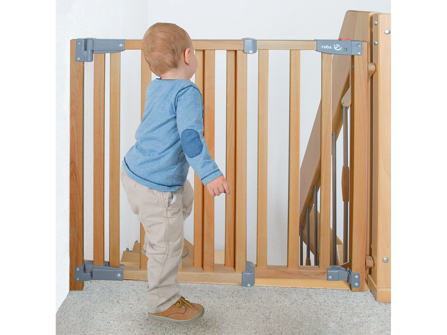 Barrière de sécurité ROBA Safety Up en hêtre massif, réglable 93,5–120,5 cm