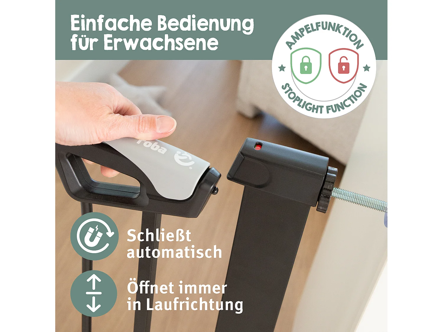 Puerta y Barrera de Seguridad para Puertas y Escaleras roba easySafe+ - Certificado TÜV, Cierre Automático, 75-82 cm, Negro