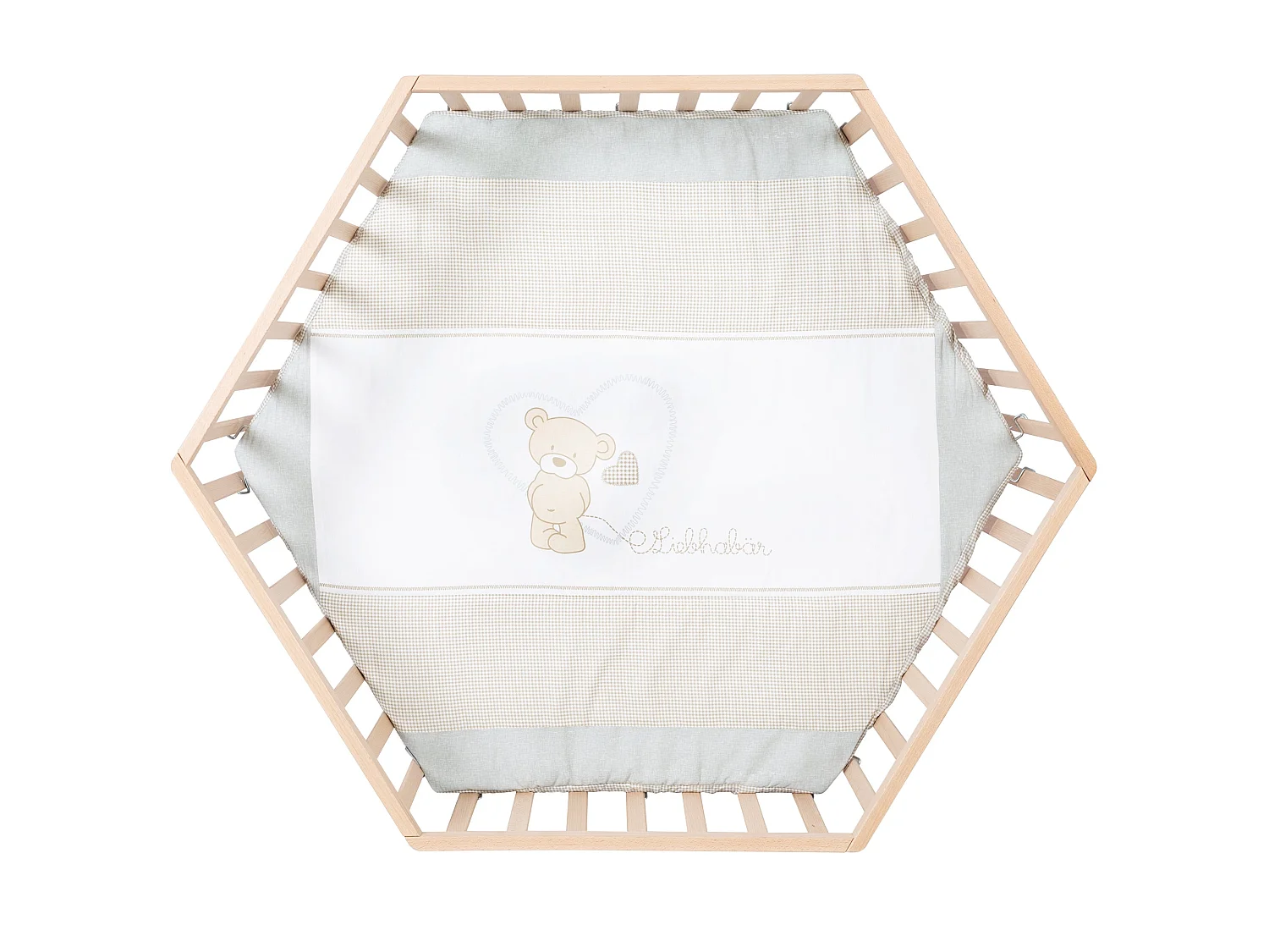Parque de juegos de madera de 6 lados con inserción textil diseño Liebhabär - Ajustable en altura, certificado de seguridad