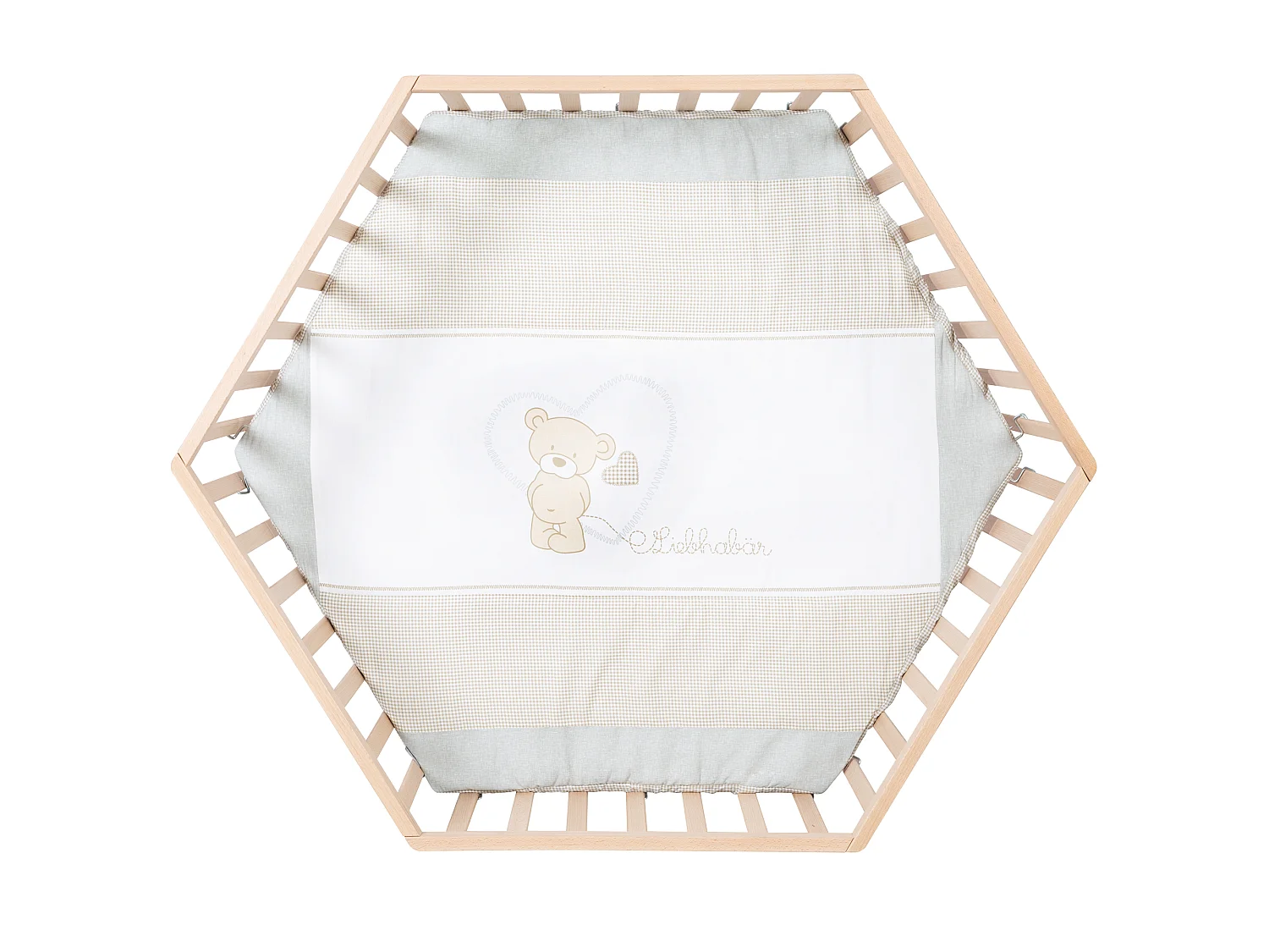 Parque de juegos de madera de 6 lados con inserción textil diseño Liebhabär - Ajustable en altura, certificado de seguridad